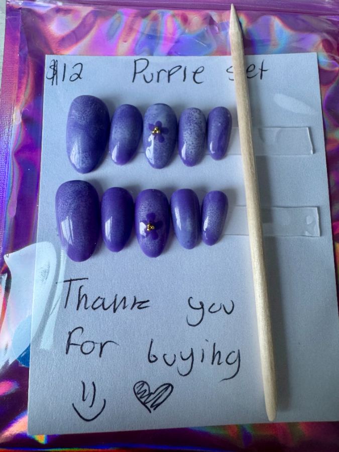 Custom purple hand-painted press-on nail set